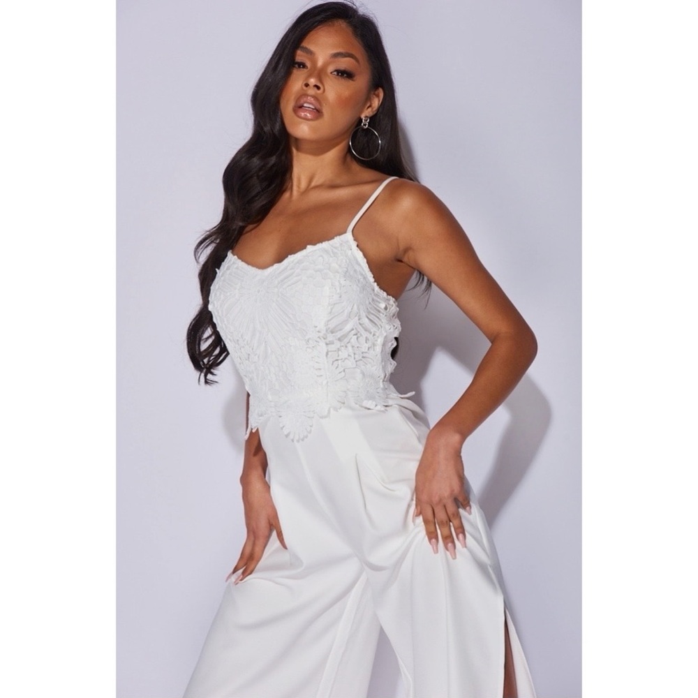 White Lace Sleeveless V-Neck Side Slit Wide Leg Jumpsuit Playsuit - Picture 6 of 15